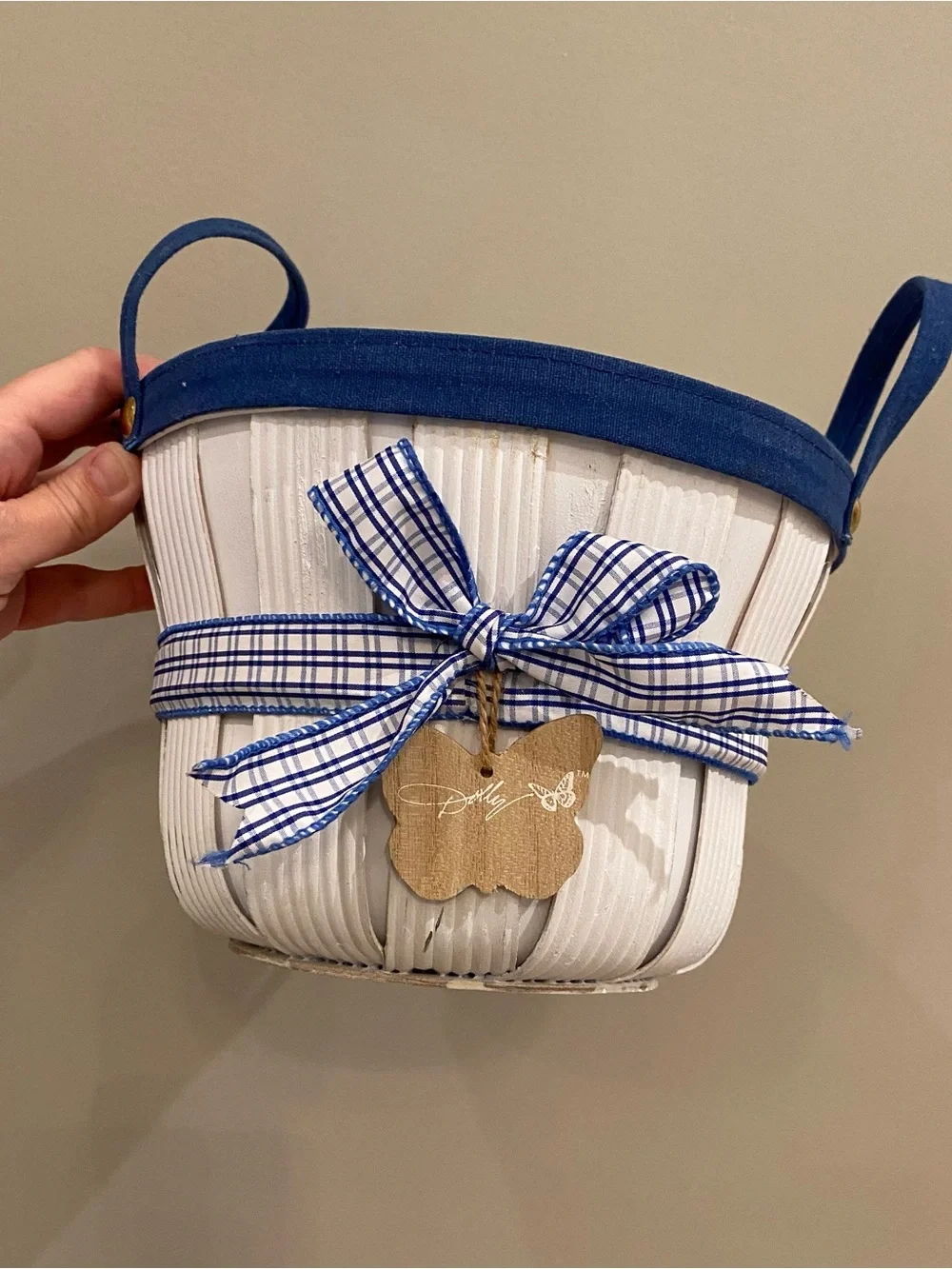 Dolly Parton White Basket with Blue Trim and Plaid Bow